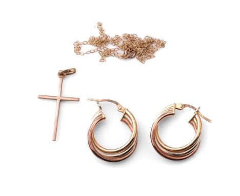 9ct gold crucifix on 9ct gold chain together with 9ct gold earrings, 3.5 grams.  