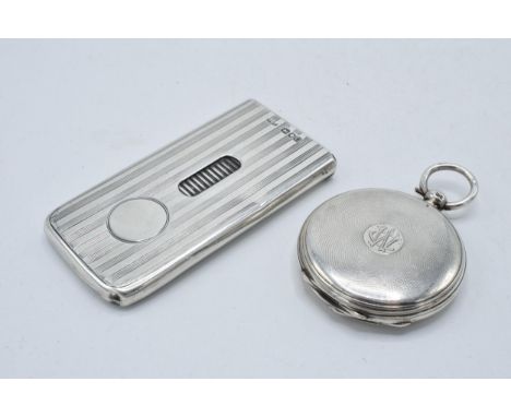 A silver pocket watch case with masonic symbol to front together with a striped silver cigarette case (2), 87.1 grams.  