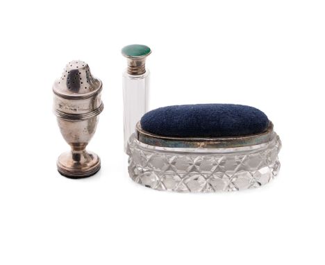 A trio of silver items to include a pin cushion trinket box, Birmingham 1927, a Guilloche enamel scent bottle and a loaded si