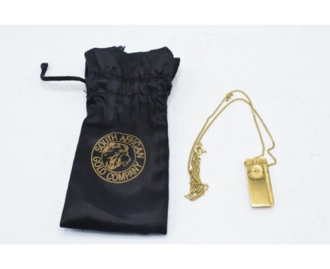 South African Gold Company gold plated bullion bar on chain, with original pouch, chain 54cm long.  