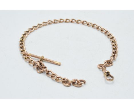 9ct rose gold Albert watch chain with T-bar, each link stamped '9 375', 34cm long, 27.6 grams.  