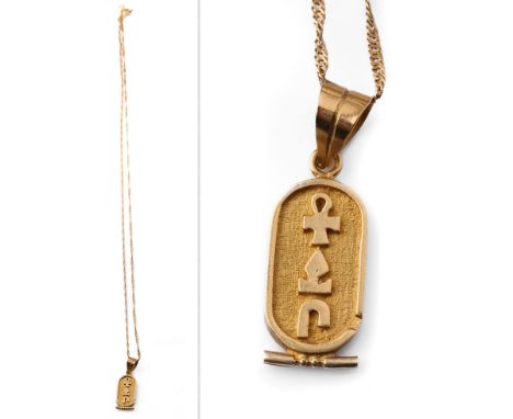 18ct gold chain and pendant with symbols, 5.6 grams, vendor states the pendant translates to 'Nigel', chain 53cm long.  Sligh