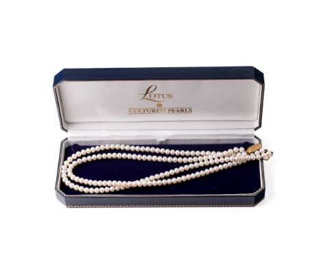 Lotus cultured pearl double strand necklace with 9ct gold clasp, 42cm long, in original box.  
