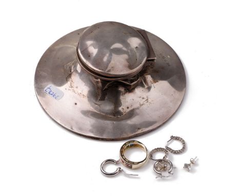 A silver inkwell, Birmingham 1910, damaged, together with a collection of silver jewellery.  