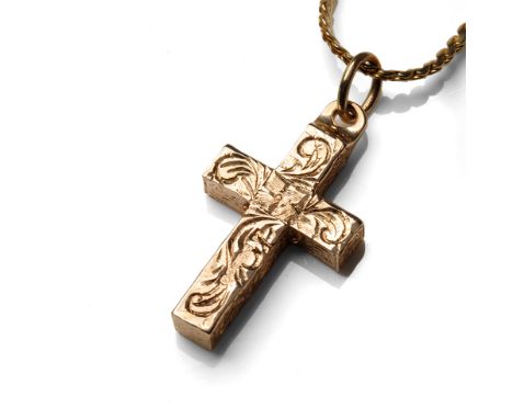 9ct gold engraved cross pendant on a 9ct gold chain, both hallmarked, 31.1 grams of 9ct gold, chain 27.5 inches long, cross 3
