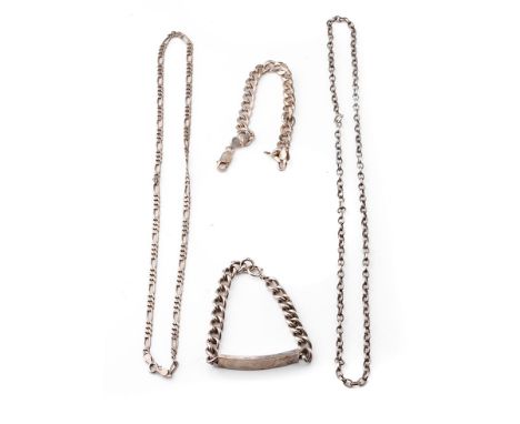 A collection of silver jewellery to include an ID bracelet (engraved), a curb link bracelet and a chain, 91.7 grams (3).  