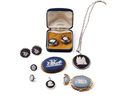 A collection of Wedgwood Jasperware jewellery to include gilt metal 19th century brooch, silver pendant on chain, silver earr