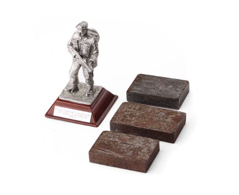 Royal Hampshire D-Day Landings figure together with 3 vintage steel printing blocks, 10cm tall (4).  