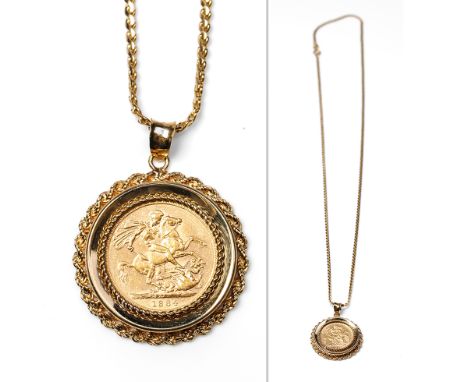 22ct gold Queen Victoria 1884 full sovereign set in 9ct rope edge gold mount on 9ct gold chain, combined weight 26.0 grams, c