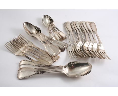 FIDDLE & THREAD PATTERN FLATWARE (GEORGE III - VICTORIAN): Four table spoons, nine table forks, six dessert spoons, six desse