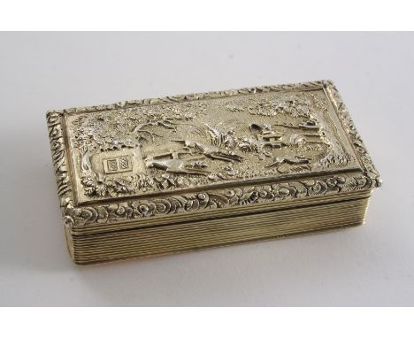 A WILLIAM IV SILVERGILT SNUFF BOX with reeded sides, an engine-turned base and a hare coursing sceen on the cover in relief, 