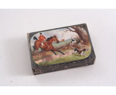 A VICTORIAN PLAIN OBLONG VESTA CASE with a "flip" cover at each end, enamelled on the front in polychrome with a fox-hunting 
