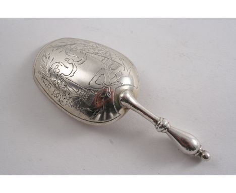 A LATE 19TH CENTURY RUSSIAN ENGRAVED CADDY SPOON in the form of a scoop, with a turned handle, maker's mark "BM", Moscow 1886