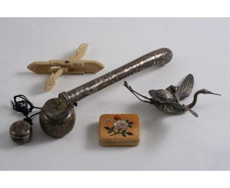 A 19TH CENTURY JAPANESE SCRIBE'S CASE with engraved decoration, hinged cover & small pendant box, an inlaid ivory tablet nets