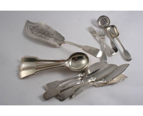 FIDDLE PATTERN: Six various antique butter knives, two small forks, a fish slice, a sugar spoon, a sugar sifter ladle & a set