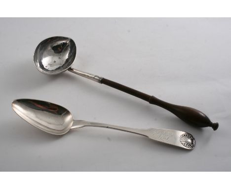 A GEORGE II PUNCH LADLE with a navette-shaped bowl, initialled "EO" and a turned wooden handle, crested, probably by Benjamin