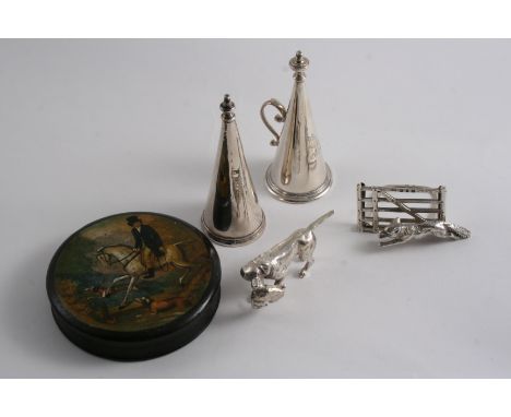 A MIXED LOT: A 19th century circular papier-mache box with a printed hunting scene on the cover, two antique conical snuffers