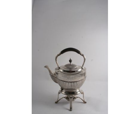 A LATE VICTORIAN KETTLE ON STAND with burner & part-fluted decoration, inscribed, by William Hutton & sons, London 1894;  14"