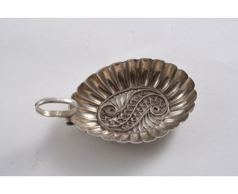 A GEORGE III CADDY SPOON with a ring handle & a fluted bowl with an inset filigree panel, by Joseph Wilmore, Birmingham 1807;
