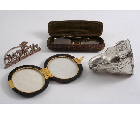 A MIXED LOT: A late 19th century gilt-metal mounted tortoiseshell frame, opening to take two portraits behind glass, a pair o