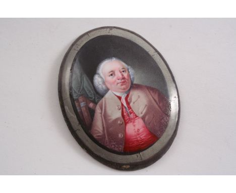 A LATE 18TH / EARLY 19TH CENTURY ENAMELLED COPPER PORTRAIT MINIATURE PLAQUE oval, painted with a portly gentleman in a powder