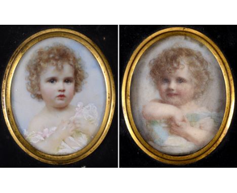 MABEL HANKEY A miniature portrait of a baby with fair curly hair wearing blue sash, half length, on ivory; 6.5 x 5.25 cms, an