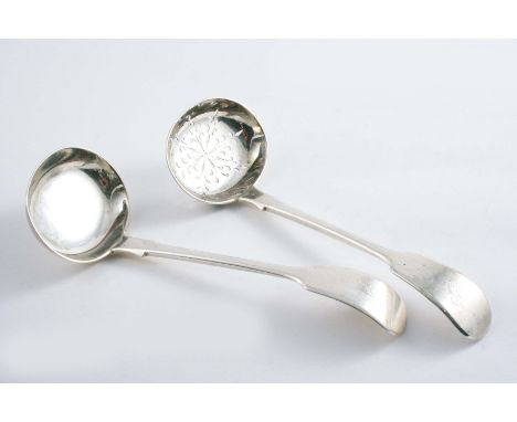 A VICTORIAN WEST COUNTRY FIDDLE PATTERN SUGAR SIFTER LADLE &amp; MATCHING SAUCE LADLE, initialled "P" by Phillip Osment, Exet