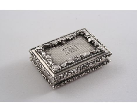 AN EARLY VICTORIAN OBLONG VINAIGRETTE with raised floral borders & engine-turning, initialled, gilt interior, by Nathaniel Mi