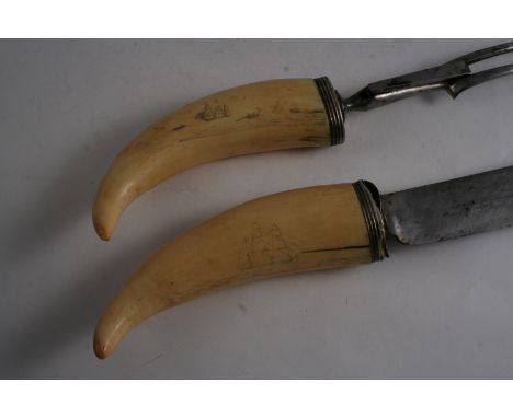 SCRIMSHAW: A Victorian carving knife and fork, the handles made from ivory tusks incised with whaling scenes; handles approx.