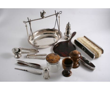 A MIXED LOT: Two pepperettes, eight various mounted tortoiseshell items, a small pedestal powder compact with lift-off cover,
