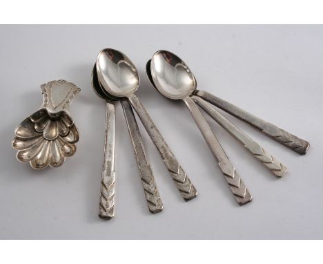 BY R.E. STONE: A set of six Art Deco Revival coffee spoons with chevron decorated terminals, London 1960/61 together with a c