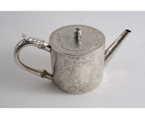 A GEORGE III SCOTTISH DRUM TEA POT with profusely chased decoration, two vacant cartouches & a ball finial, maker's mark "G&M