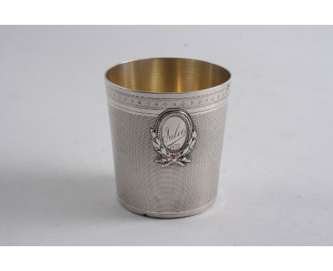 A LATE 19TH / EARLY 20TH CENTURY FRENCH BEAKER with engine-turning & an applied cartouche inscribed "Julie 103", gilt interio