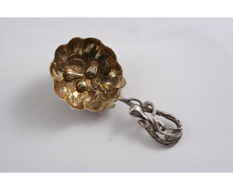 A VICTORIAN NATURALISTIC CADDY SPOON with a gilt bowl, by Hilliard & Thomason, Birmingham 1852; 3.1"  (7.8 cms) long;  0.43 o