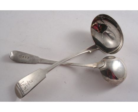 TWO SCOTTISH PROVINCIAL FIDDLE PATTERN LADLES A toddy ladle initialled "T", by David Gray of Dumfries 1820-1830, & a sauce la