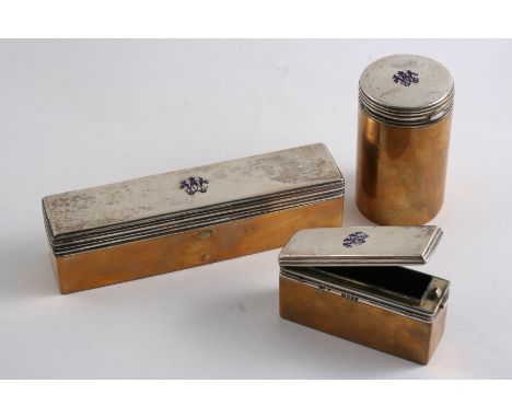 THREE VICTORIAN MOUNTED COPPER TOILET BOXES (Two oblong & one cylindrical), each with button-operated hinged covers, & an ena