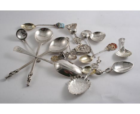 A MIXED LOT of various Continental spoons, three souvenir tea spoons, a George III condiment sifter ladle, a Rattail table sp