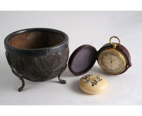 A POCKET BAROMETER in gilt brass case, 5 cms, with travelling case, a Japanese ivory & shibayama box and a carved coconut cup