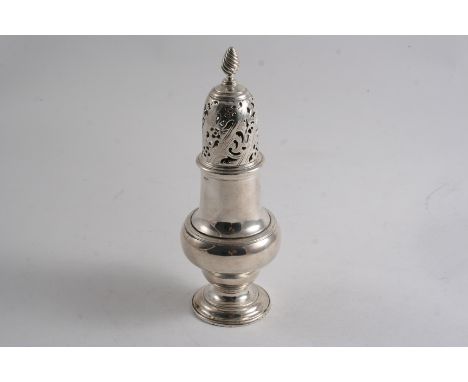 AN EARLY GEORGE III BALUSTER CASTER with a wrythen-pierced cover & a wrythen knop finial, by John Delmester, London 1761;  7.