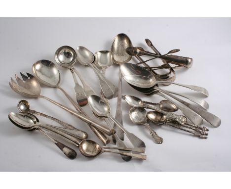 A MIXED LOT: A pair of Edwardian salad servers, eleven various tea spoons, two egg spoons, a condiment/cream ladle, a caddy s