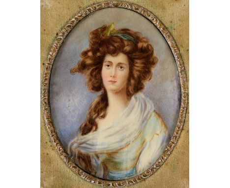 AFTER THOMAS GAINSBOROUGH A miniature portrait of Elizabeth Ann Sheridan (nee Linley), half length, on ivory;  8.25 x 6.5 cms