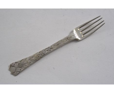 A LATE 17TH CENTURY ENGRAVED TREFID SWEETMEAT FORK unmarked, 1690-1700;  4"  (10.2 cms) long;  0.22 oz