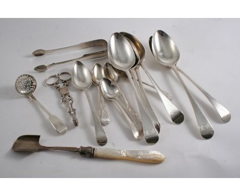 A MIXED LOT: Six George III bright-cut tea spoons, a dessert spoon, a Victorian Stilton scoop with a mother of pearl handle, 