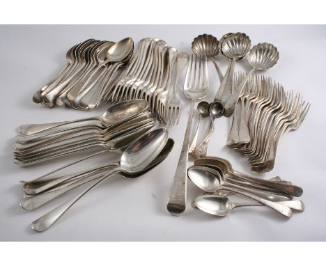 A QUANTITY OF HANOVERIAN & OLD ENGLISH PATTERN FLATWARE George II - Victorian including: Fourteen table spoons, fifteen table