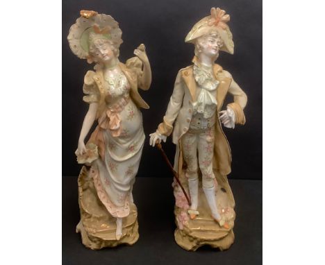 A pair of continental porcelain figures, gallant and lady companion, probably Austrian or Czech, c.1900