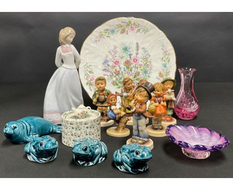 A Lladro figure, girl with posy, 23cm, number 6754; a Goebel Hummel figure, guitar players, others, shepherd, apple tree girl