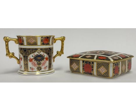 A Royal Crown derby Imari 1128 pattern two handled loving cup, 9cm, printed mark, first quality; an 1128 pattern rectangular 