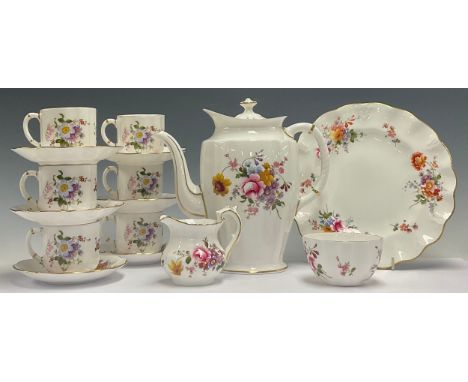 A Royal Crown Derby Posies pattern coffee pot, cream jug and sugar bowl, six coffee cans and saucers, a fluted cake plate, pr