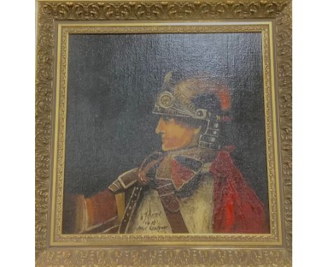 W.J.Monroe (Scottish School)Portrait of a Roman Centurion signed, dated 1970, titled, oil on board, gilt frame, 43.5cm x 43cm