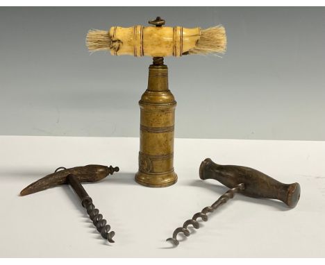 A bronze patent corkscrew, bone handle; two others (3)